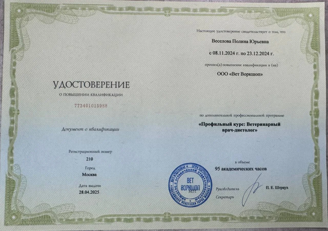Удостоверение о повышении квалификации: ветеринарный врач-диетолог