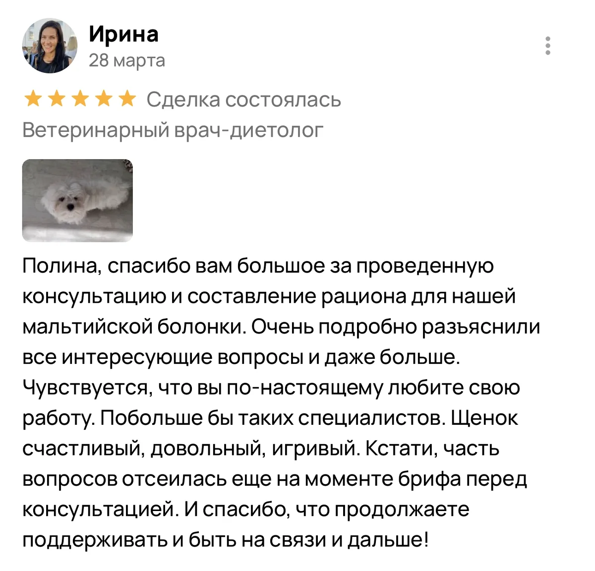 Отзыв Ирины на Avito о консультации и рационе для мальтийской болонки