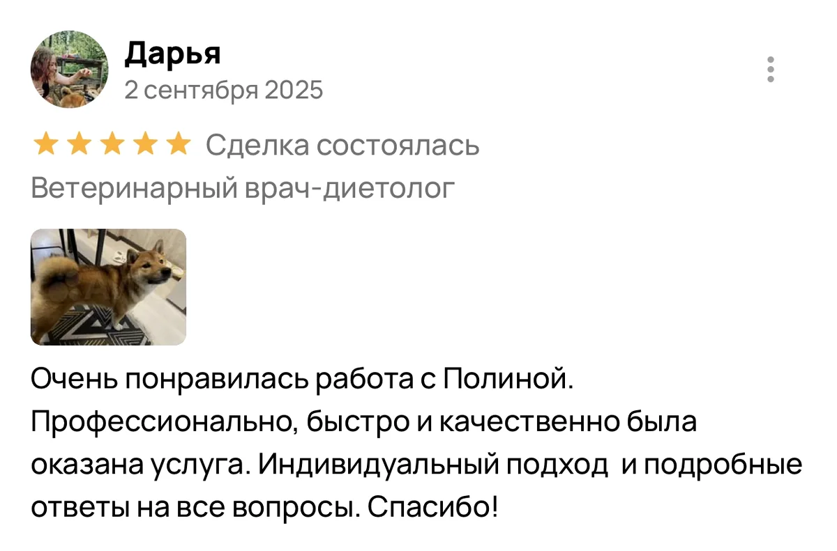 Отзыв Дарьи на Avito о работе с ветеринарным диетологом