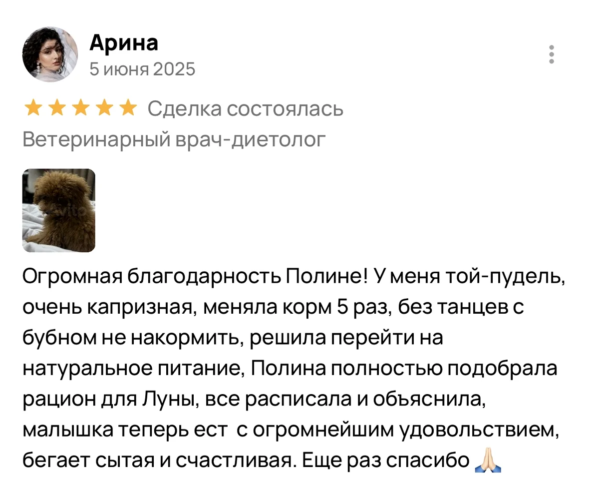 Отзыв Арины на Avito о рационе для той-пуделя Луны